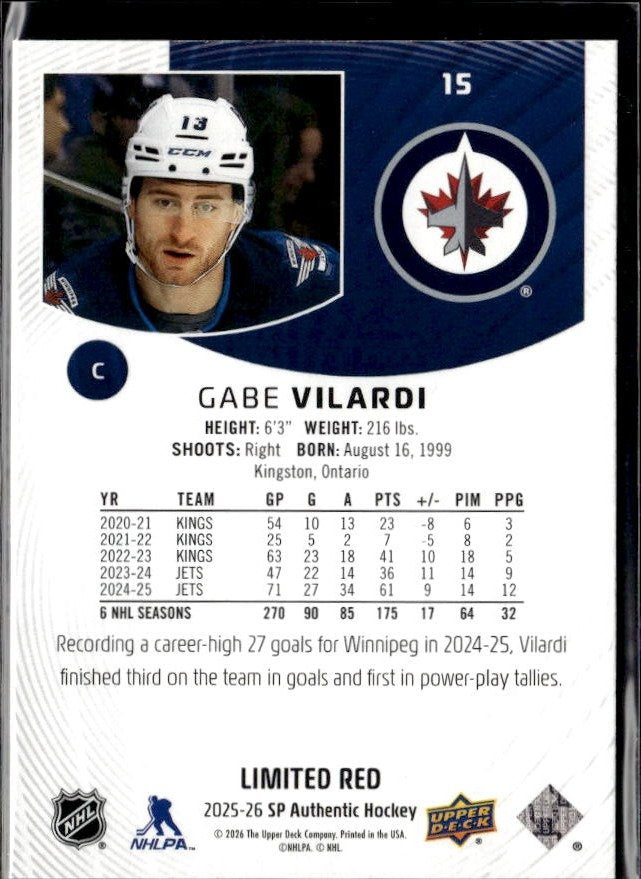 2025-26 Upper Deck SP Authentic Hockey Limited Red #15 Gabe Vilardi (2)