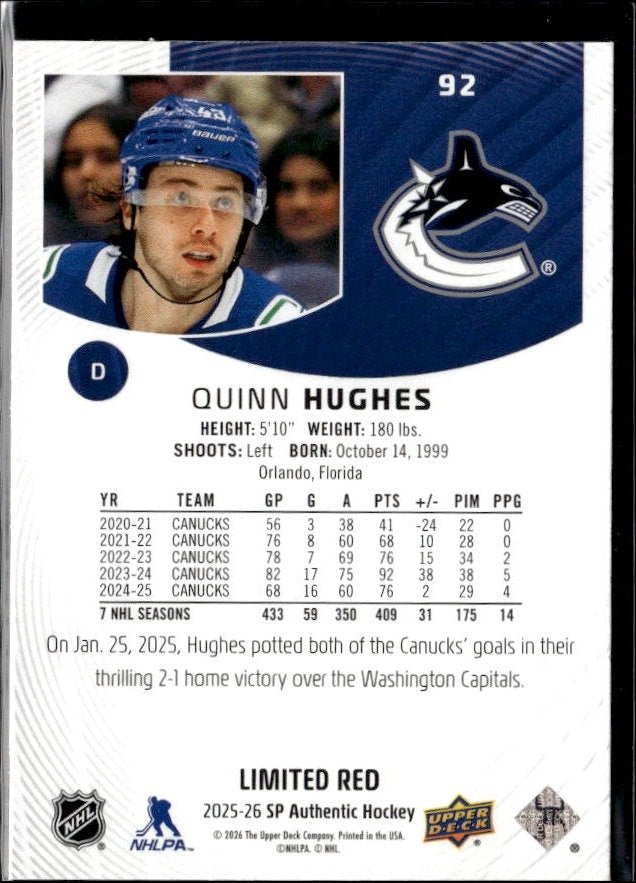 2025-26 Upper Deck SP Authentic Hockey Limited Red #92 Quinn Hughes (2)