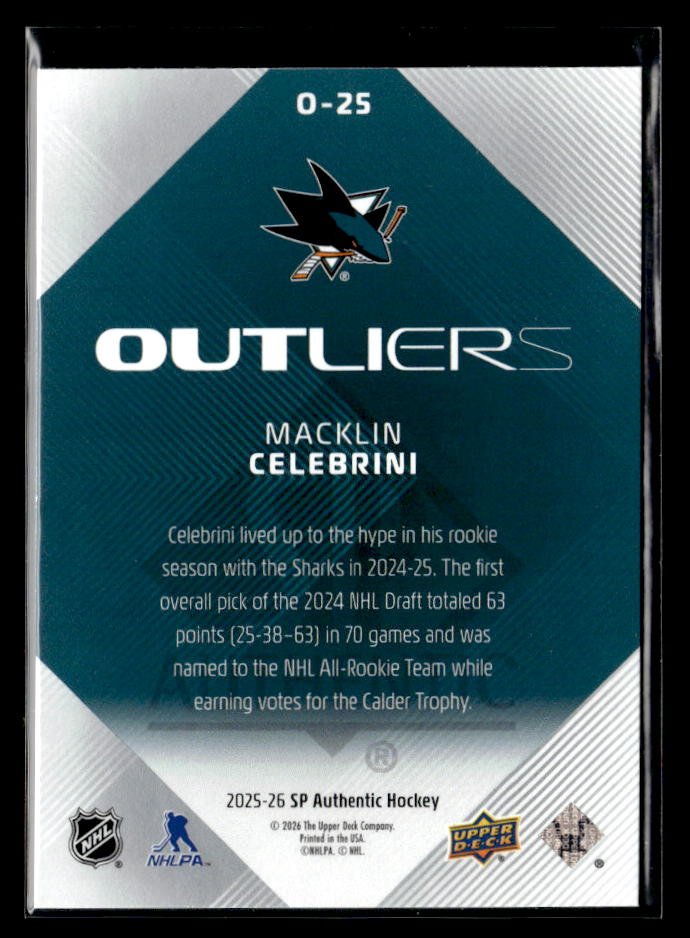 2025-26 Upper Deck SP Authentic Hockey Outliers Rookie #O-25 Macklin Celebrini (2)