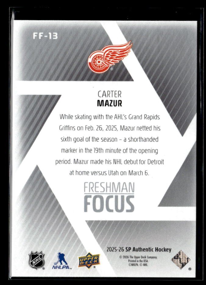 2025-26 Upper Deck SP Authentic Hockey Freshman Focus Rookie #FF-13 Carter Mazur (2)