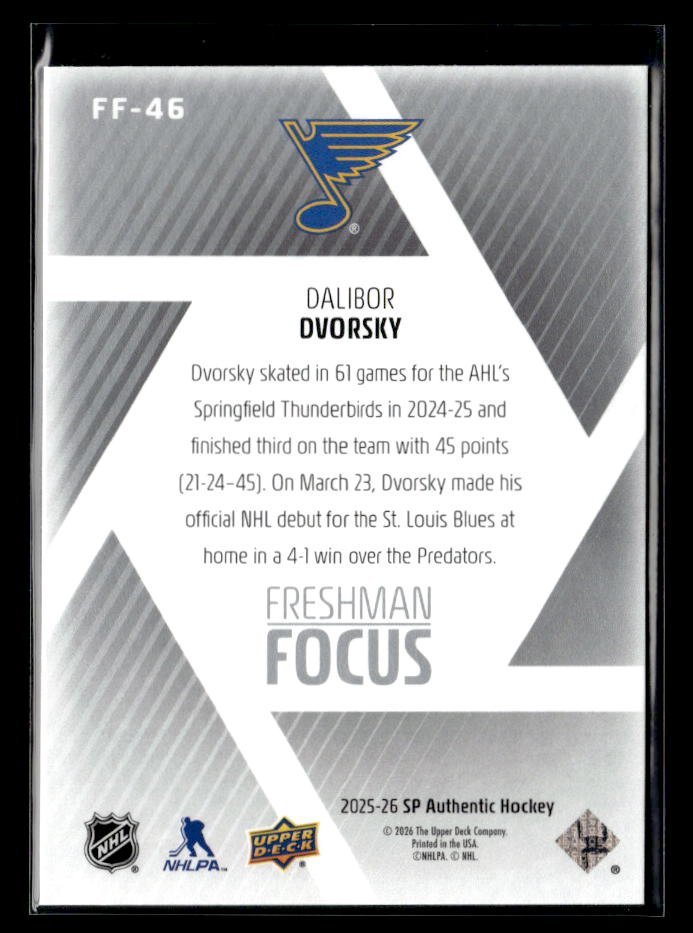 2025-26 Upper Deck SP Authentic Hockey Freshman Focus Rookie Dalibor Dvorsky (2)