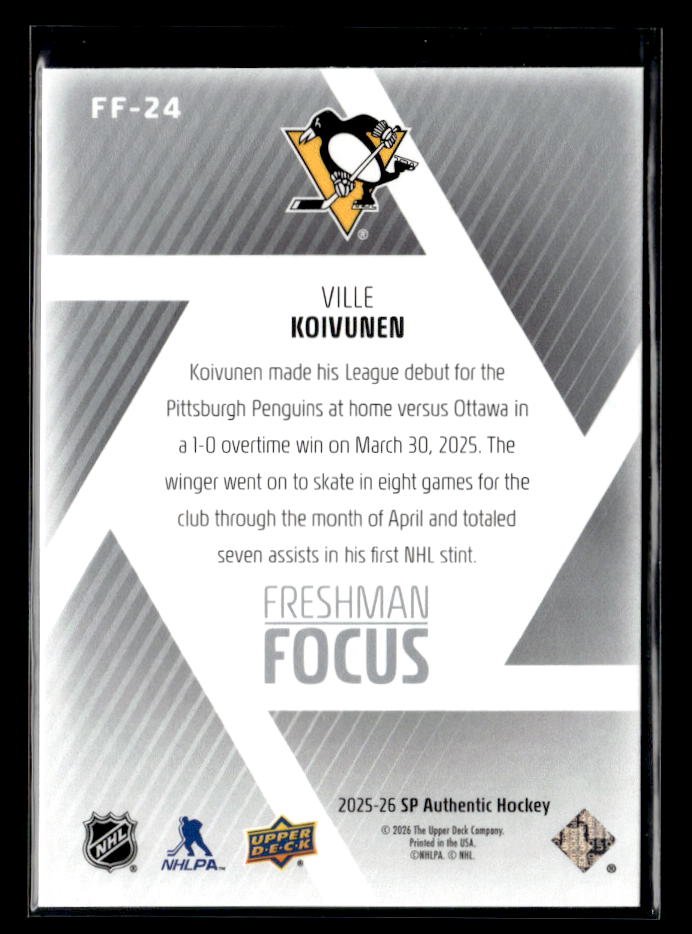 2025-26 Upper Deck SP Authentic Hockey Freshman Focus Rookie Ville Koivunen (2)