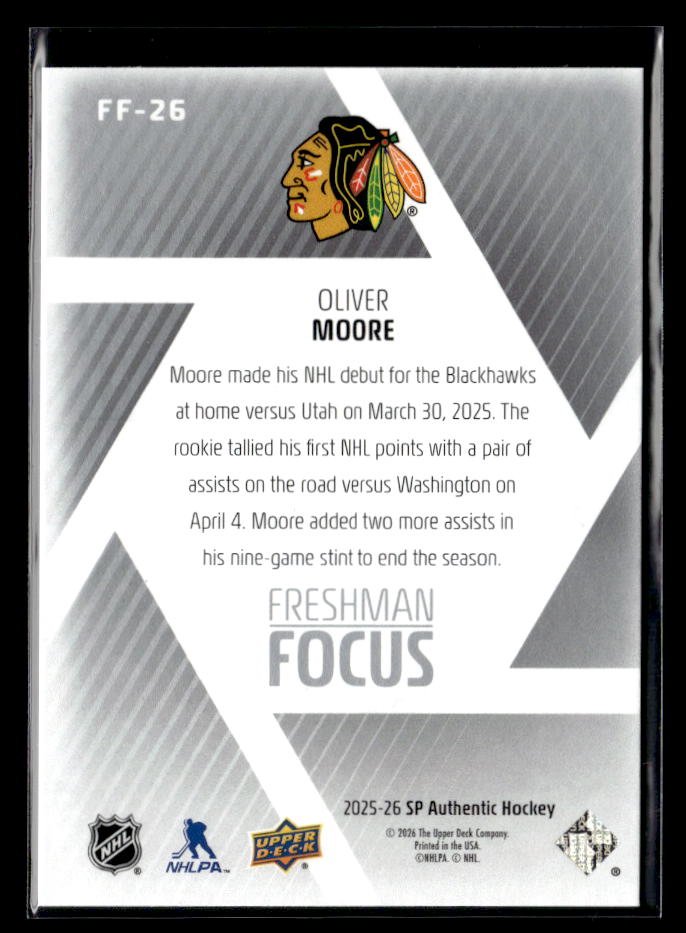 2025-26 Upper Deck SP Authentic Hockey Freshman Focus Rookie #FF-26 Oliver Moore (2)