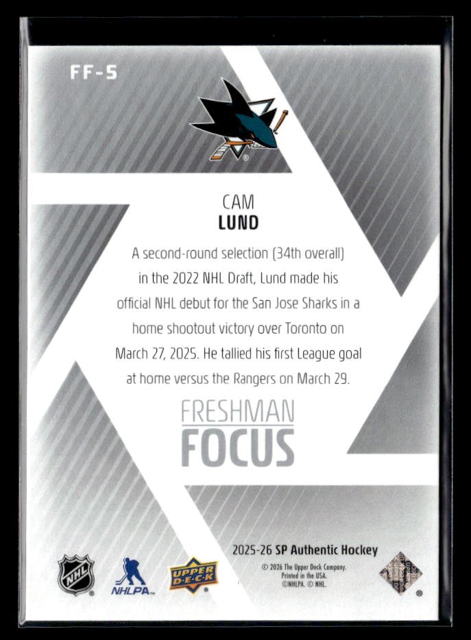 2025-26 Upper Deck SP Authentic Hockey Freshman Focus Rookie #FF-5 Cam Lund (2)