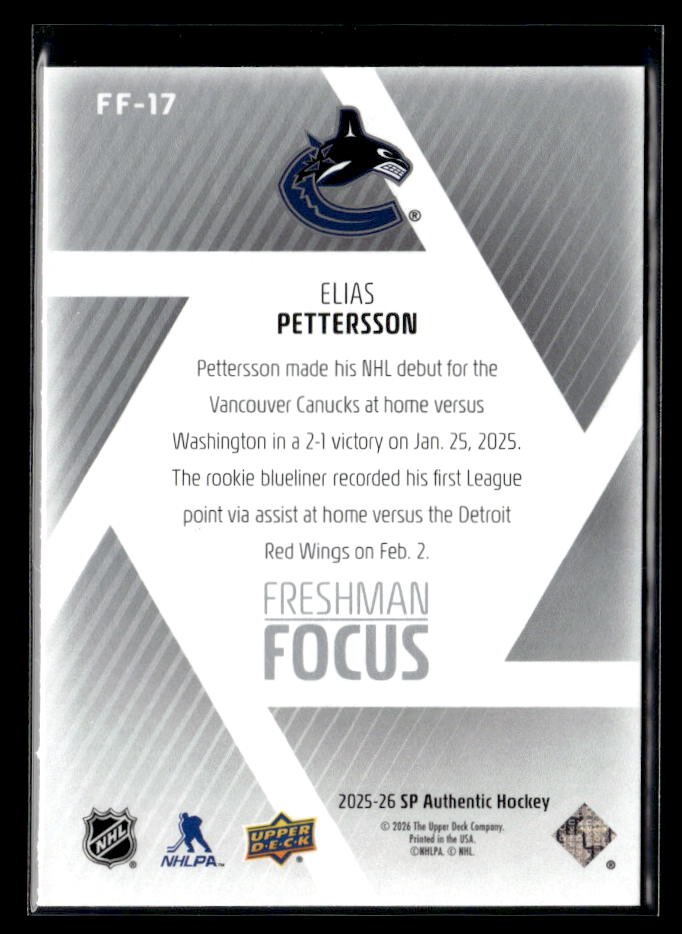 2025-26 Upper Deck SP Authentic Hockey Freshman Focus Rookie Elias Pettersson (2)