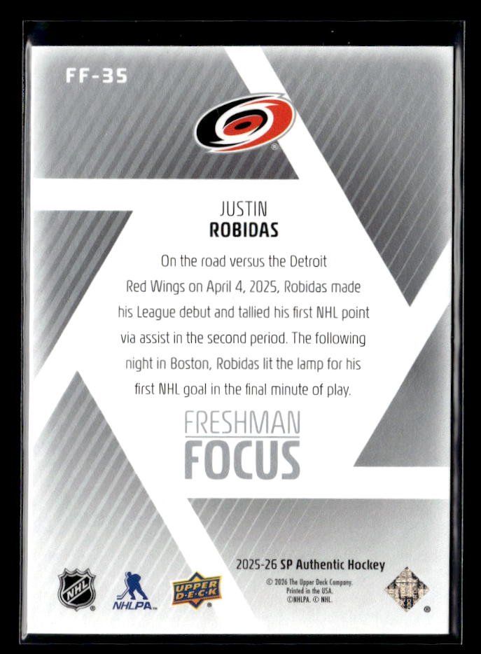 2025-26 Upper Deck SP Authentic Hockey Freshman Focus Rookie Justin Robidas (2)
