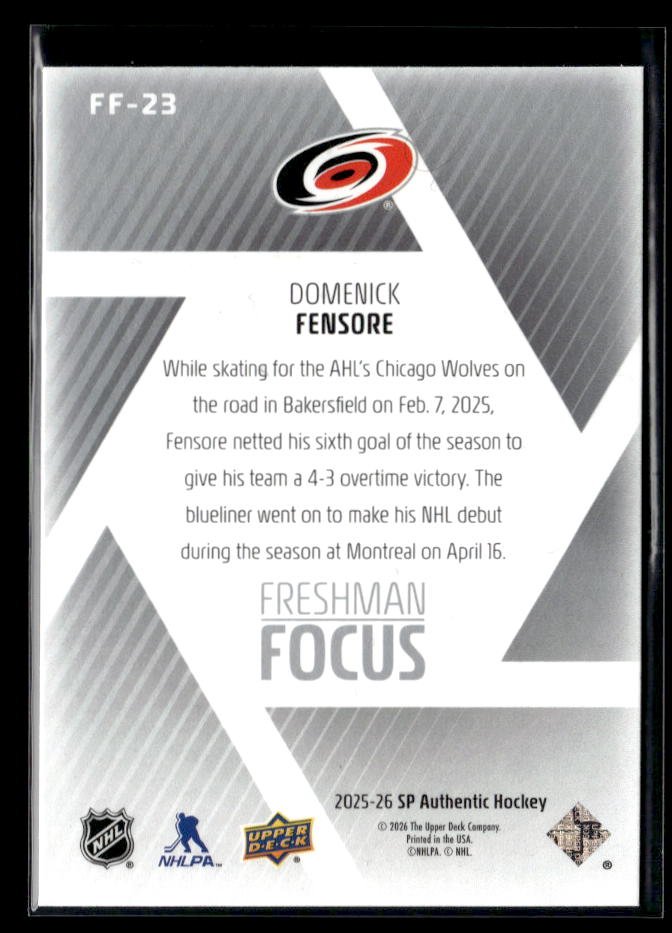 2025-26 Upper Deck SP Authentic Hockey Freshman Focus Rookie Domenick Fensore (2)