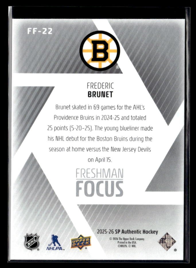 2025-26 Upper Deck SP Authentic Hockey Freshman Focus Rookie Frederic Brunet (2)