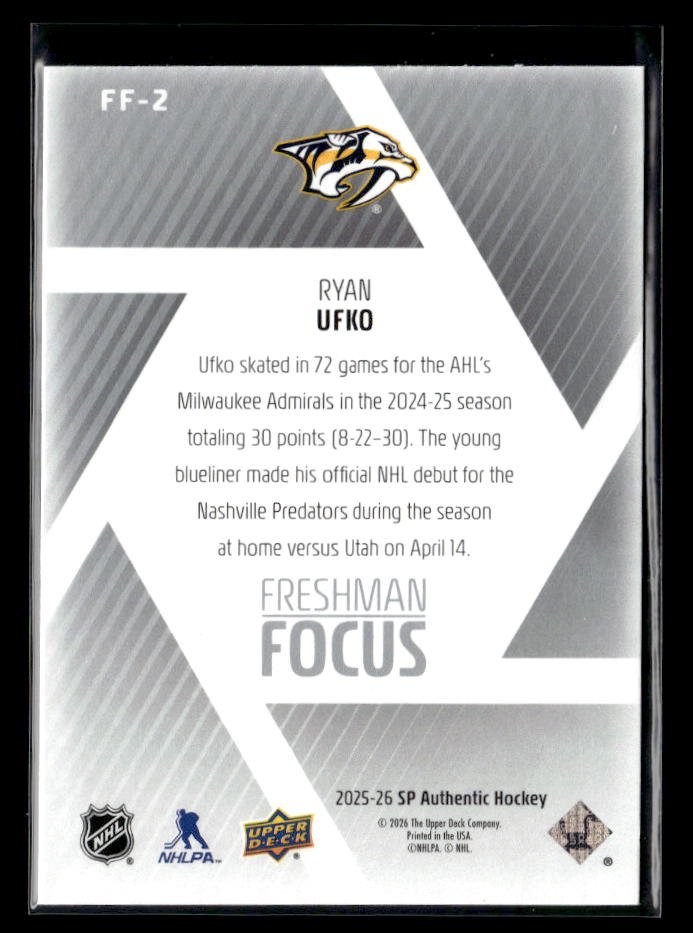 2025-26 Upper Deck SP Authentic Hockey Freshman Focus Rookie #FF-2 Ryan Ufko (2)