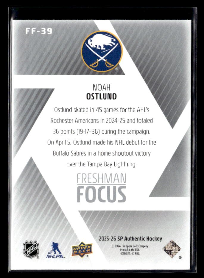 2025-26 Upper Deck SP Authentic Hockey Freshman Focus Rookie #FF-39 Noah Ostlund (2)