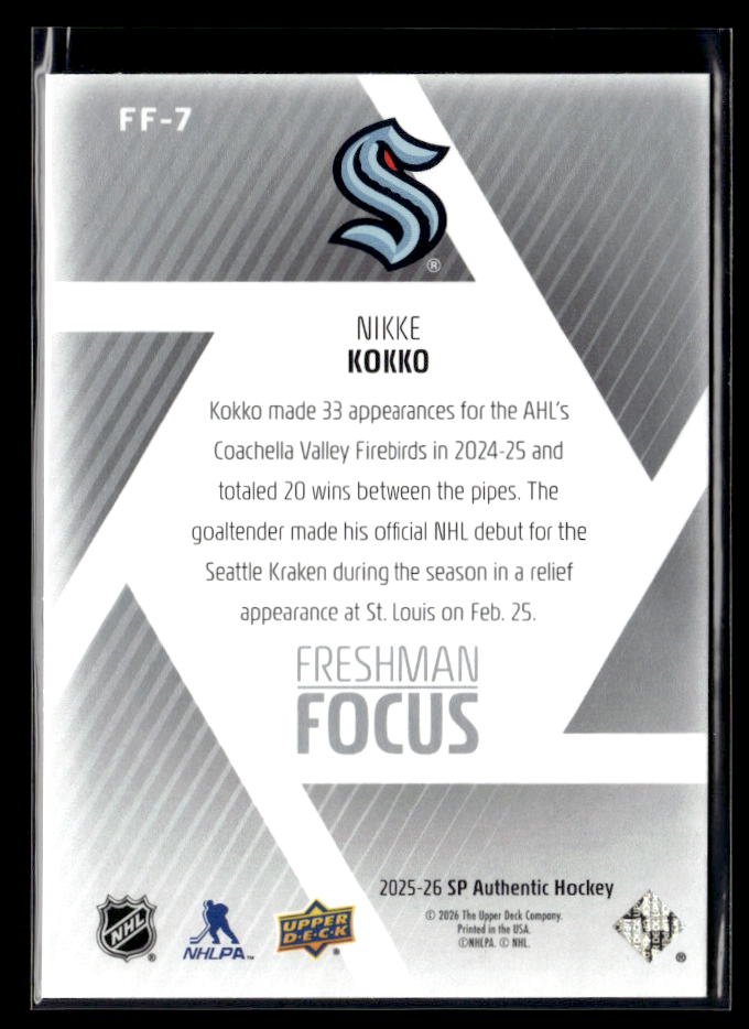2025-26 Upper Deck SP Authentic Hockey Freshman Focus Rookie #FF-7 Nikke Kokko (2)