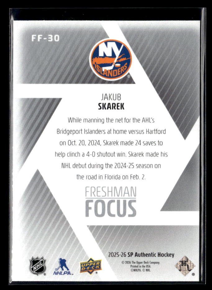 2025-26 Upper Deck SP Authentic Hockey Freshman Focus Rookie #FF-30 Jakub Skarek (2)