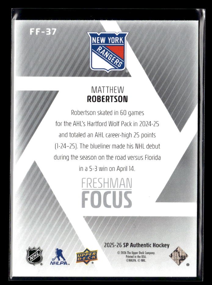 2025-26 Upper Deck SP Authentic Hockey Freshman Focus Rookie Matthew Robertson (2)
