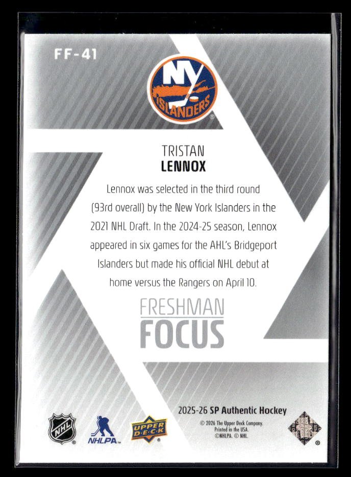 2025-26 SP Authentic Hockey Freshman Focus Rookie #FF-41 Tristan Lennox (2)