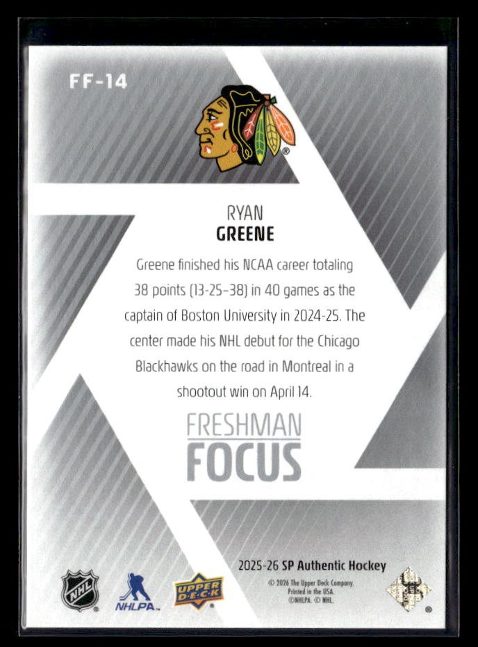 2025-26 Upper Deck SP Authentic Hockey Freshman Focus Rookie #FF-14 Ryan Greene (2)
