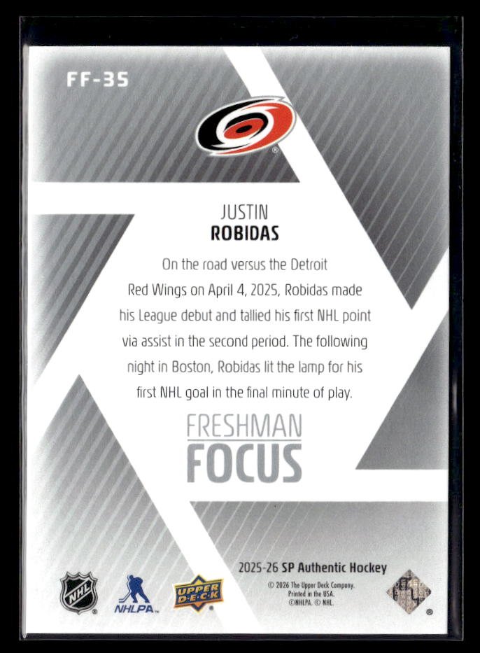 2025-26 SP Authentic Hockey Freshman Focus Rookie #FF-35 Justin Robidas (2)