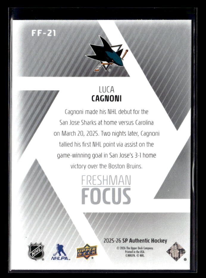 2025-26 Upper Deck SP Authentic Hockey Freshman Focus Rookie #FF-21 Luca Cagnoni (2)