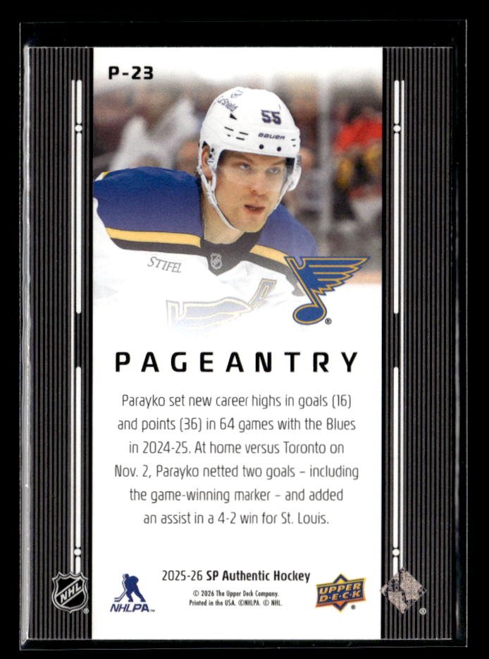 2025-26 Upper Deck SP Authentic Hockey Pageantry #P-23 Colton Parayko (2)