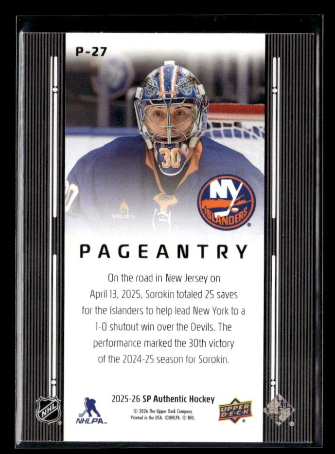 2025-26 Upper Deck SP Authentic Hockey Pageantry #P-27 Ilya Sorokin (2)