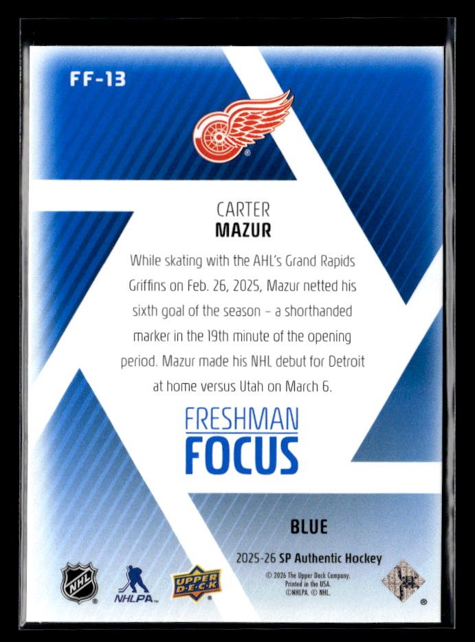 2025-26 Upper Deck SP Authentic Hockey Freshman Focus Blue Rookie Carter Mazur (2)