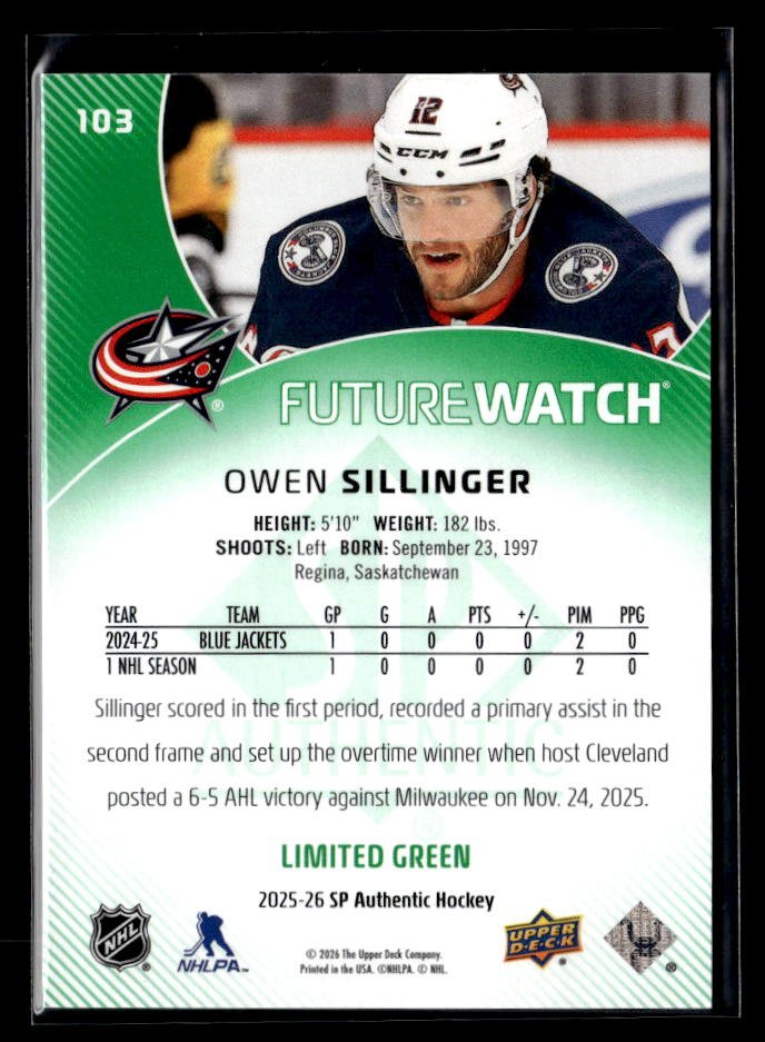 2025-26 SP Authentic SP Authentic Future Watch Limited Green Owen Sillinger /199 (2)