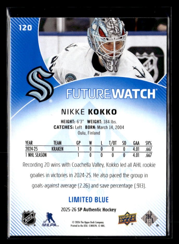 2025-26 SP Authentic Future Watch Limited Blue Rookie #120 Nikke Kokko /399 (2)