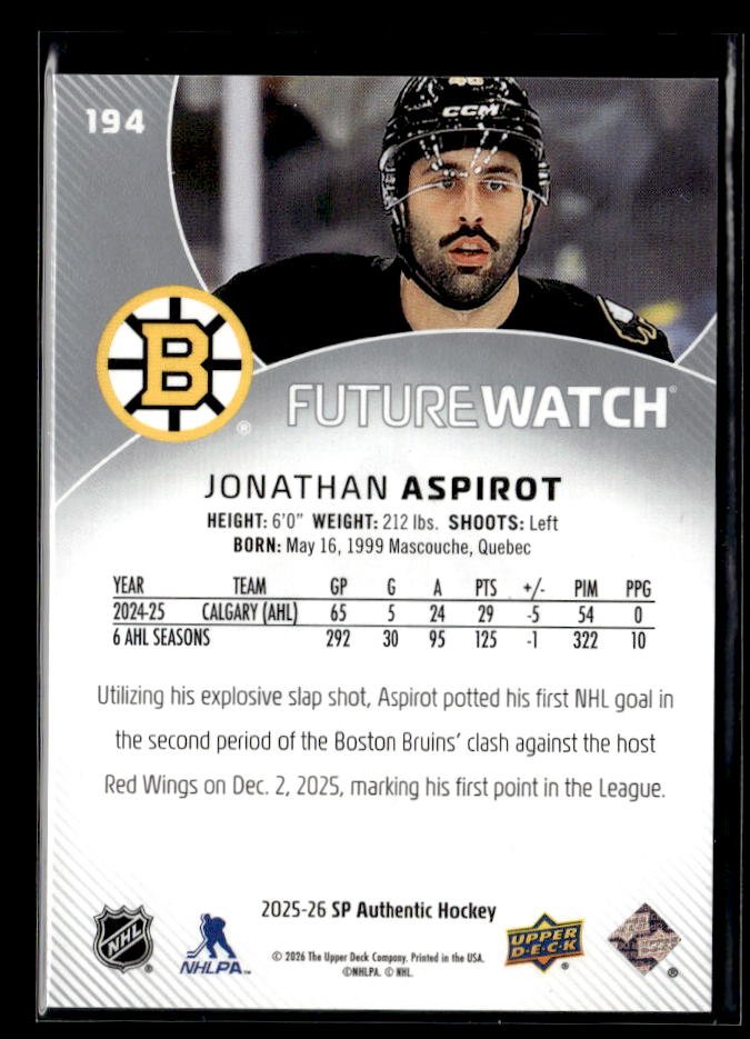 2025-26 Upper Deck SP Authentic Hockey Future Watch Rookie Jonathan Aspirot /999 (2)