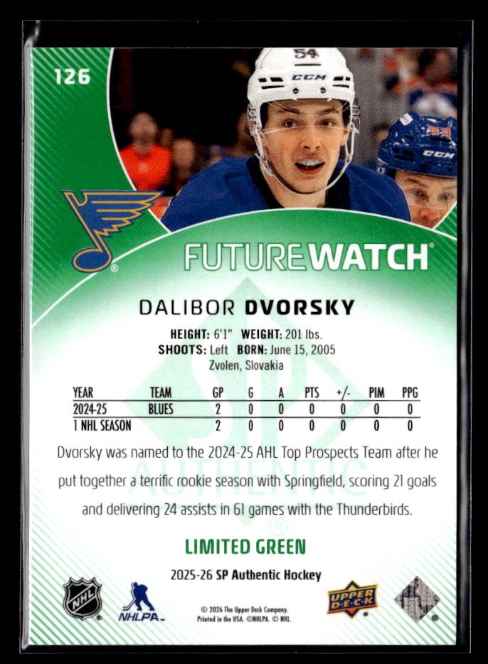 2025-26 SP Authentic Future Watch Limited Green Rookie #126 Dalibor Dvorsky /199 (2)