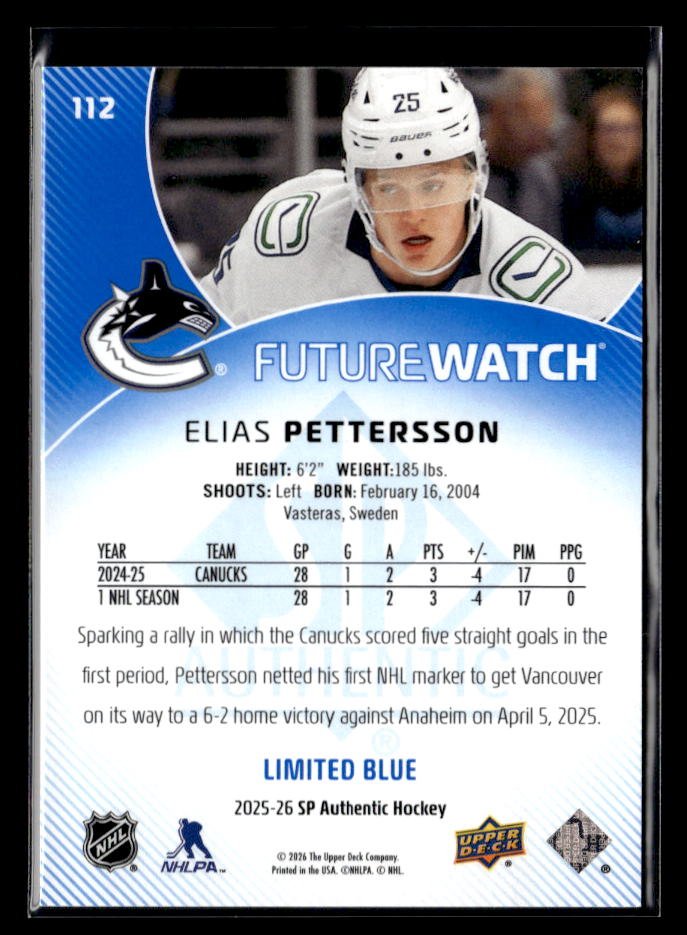 2025-26 UD SP Authentic Hockey Future Watch Limited Blue Elias Pettersson /399 (2)