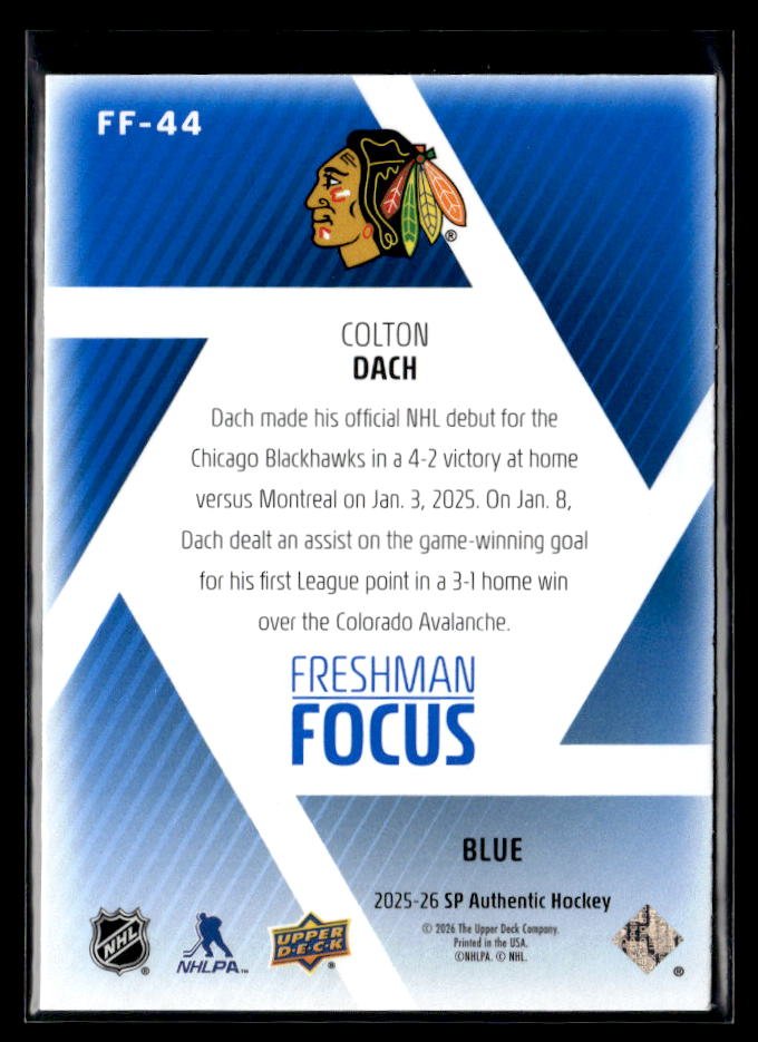 2025-26 SP Authentic Hockey Freshman Focus Blue Rookie FF-44 Colton Dach (2)