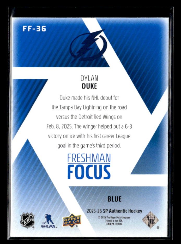 2025-26 Upper Deck SP Authentic Hockey Freshman Focus Blue Rookie Dylan Duke (2)