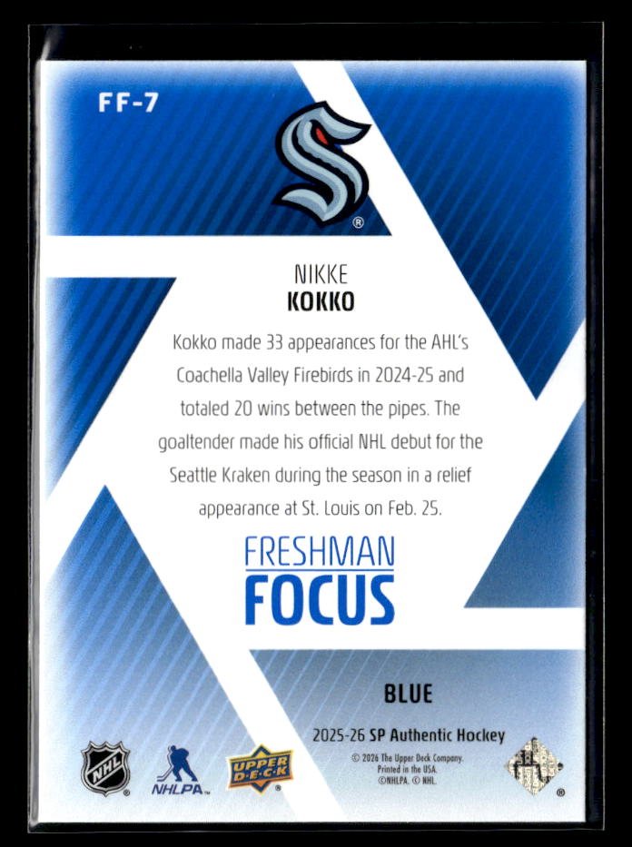 2025-26 Upper Deck SP Authentic Hockey Freshman Focus Blue Rookie Nikke Kokko (2)