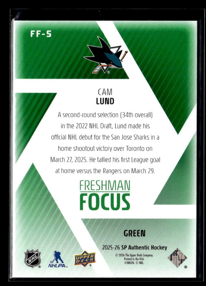 2025-26 Upper Deck SP Authentic Hockey Freshman Focus Green Rookie Cam Lund (2)