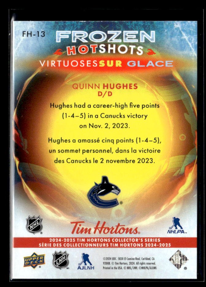 2024-25 Upper Deck Tim Hortons Hockey Frozen Hot Shots #FH-13 Quinn Hughes (2)