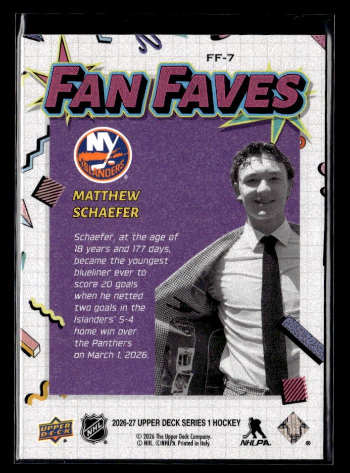 2026-27 Upper Deck Series 1 Hockey Fan Faves #FF-7 Matthew Schaefer (2)