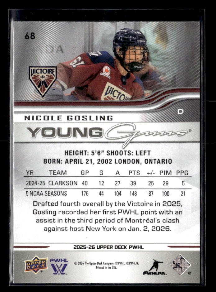 2025-26 Upper Deck PWHL Hockey Young Guns #68 Nicole Gosling Rookie (2)