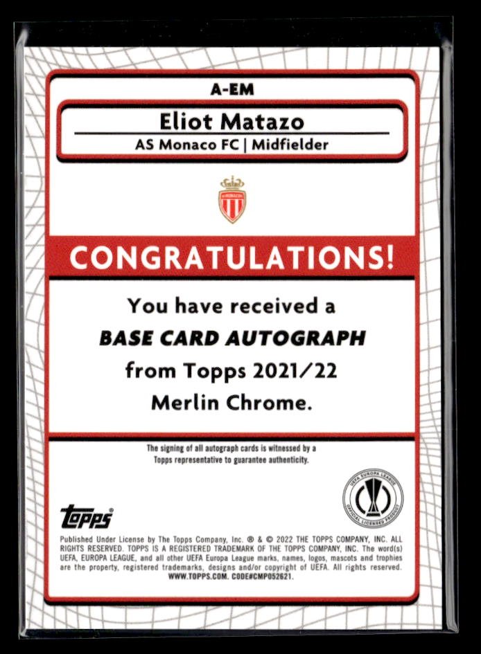 2021-22 Topps Merlin Chrome Soccer Rookie AUTO Refractor Eliot Matazo RC (2)