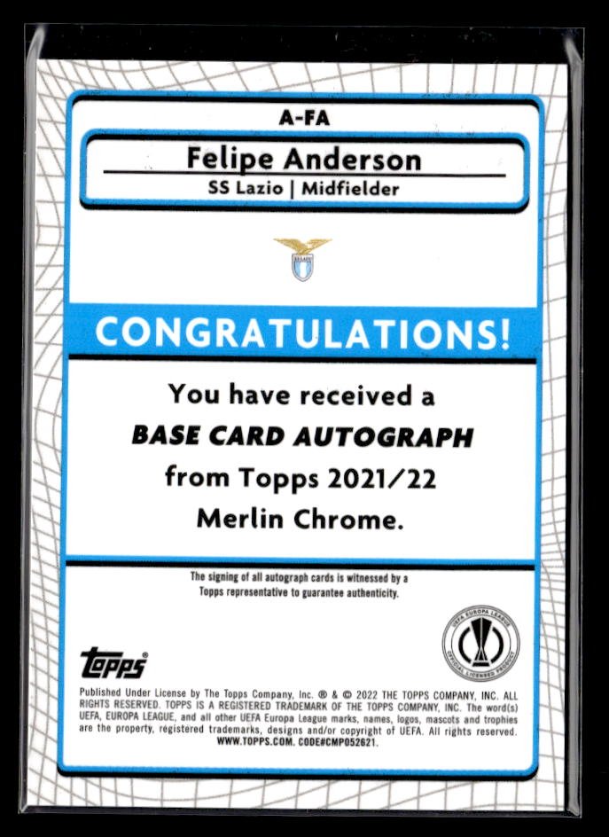 2021-22 Topps Merlin Chrome Soccer AUTO Refractor #A-FA Felipe Anderson (2)