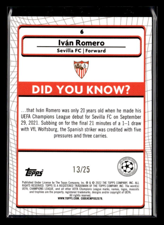2022 Topps Merlin UEFA Champions League Soccer Orange Rookie Iván Romero RC /25 (2)