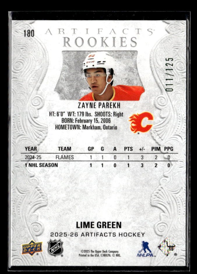 2025-26 Upper Deck Artifacts Hockey Rookies Lime Green #180 Zayne Parekh /125 (2)