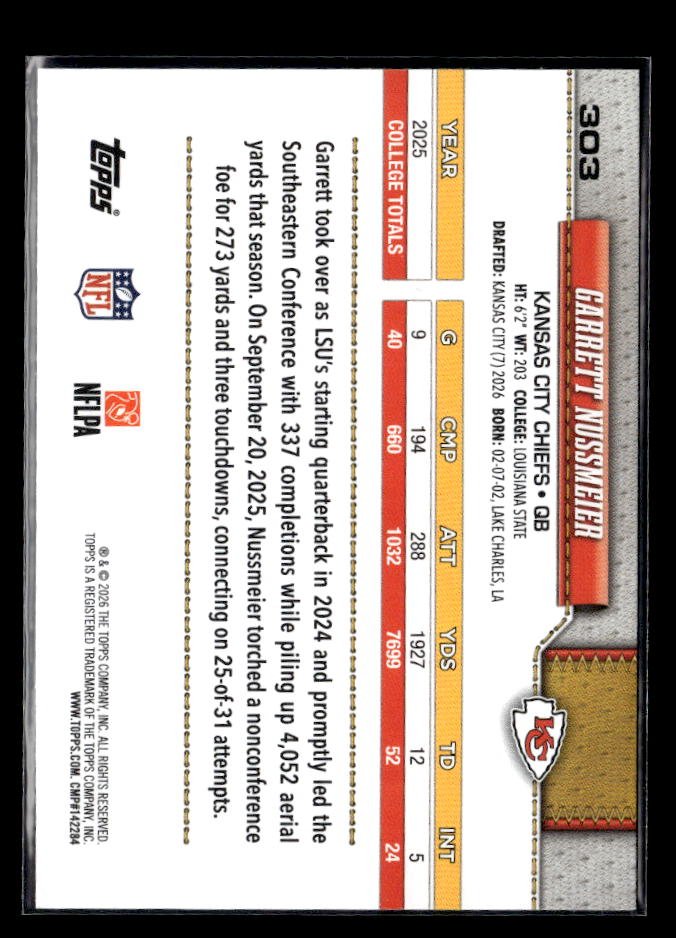 2026 Topps Flagship Football Base Rookie #303 Garrett Nussmeier RC (2)