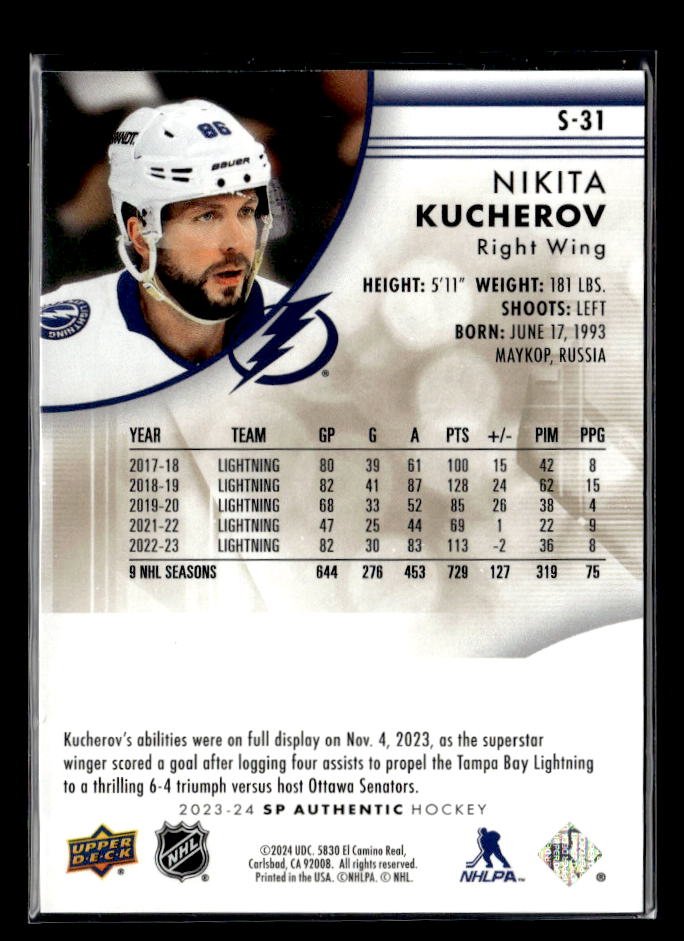 2023-24 Upper Deck SP Authentic Hockey #S-31 Nikita Kucherov /50 (2)