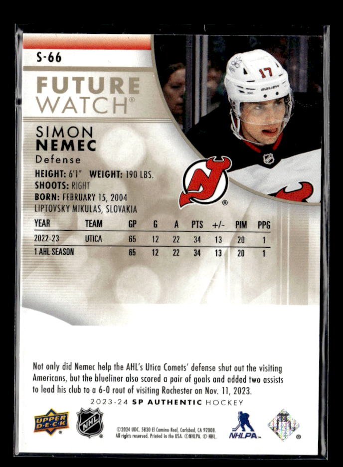 2023-24 Upper Deck SP Authentic Hockey Future Watch Rookie #S-66 Simon Nemec RC (2)