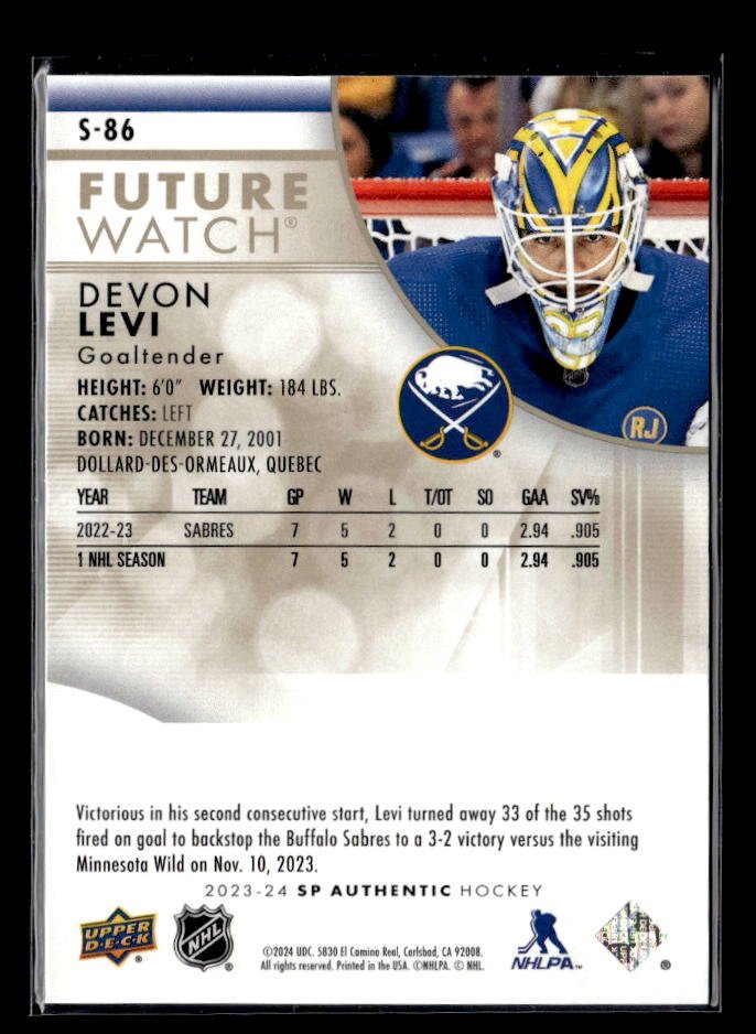 2023-24 Upper Deck SP Authentic Hockey Future Watch Rookie #S-86 Devon Levi /50 (2)