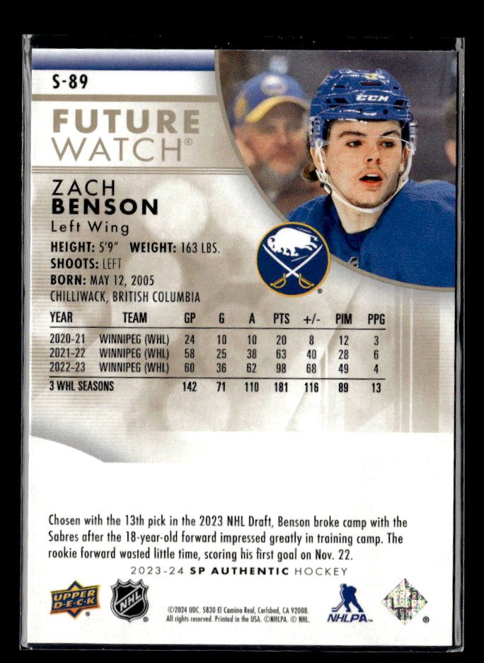2023-24 SP Authentic Hockey Future Watch GoldRookie #S-89 Zach Benson /50 (2)