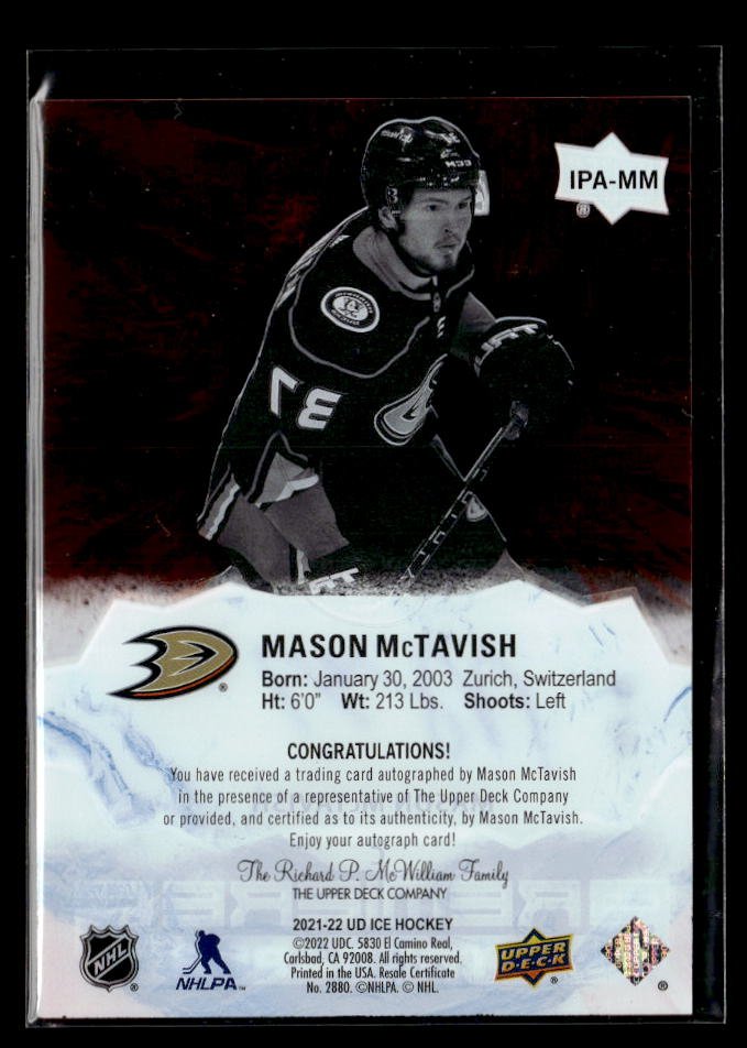 2021-22 Upper Deck Ice Premiere Autographs Rookie AUTO Mason McTavish /49 (2)
