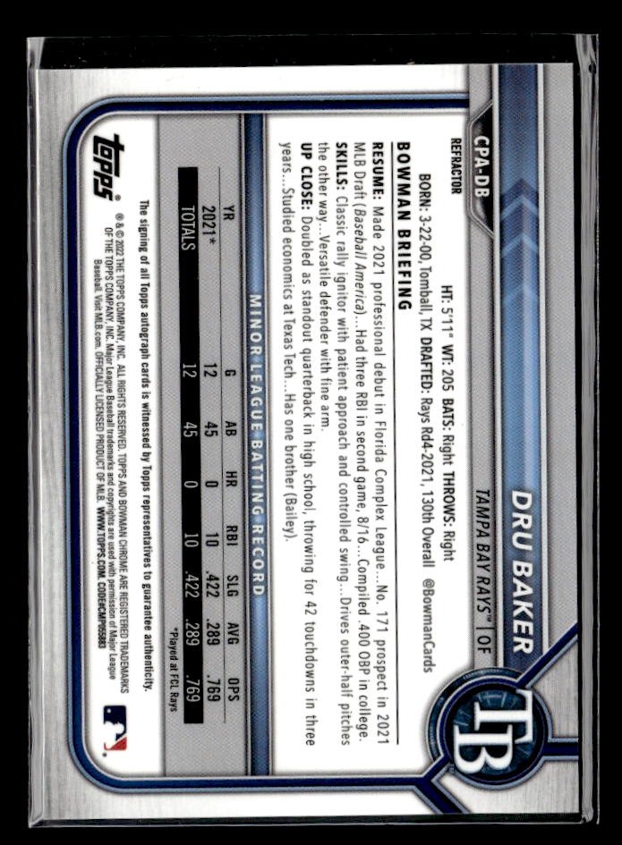 2022 Bowman Chrome Baseball 1st Bowman Rookie AUTO Refractor Dru Baker RC /499 (2)