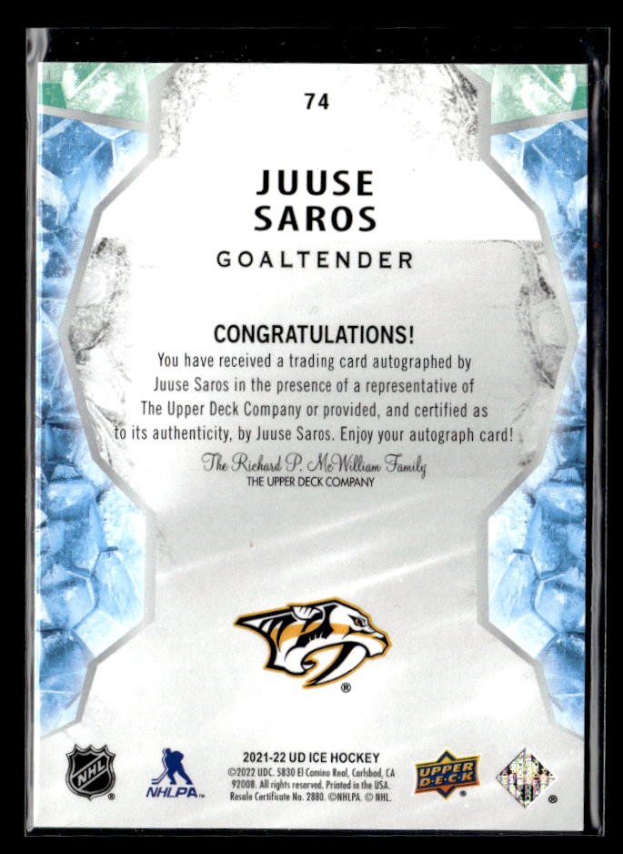 2021-22 Upper Deck Ice Hockey AUTO #74 Juuse Saros (2)