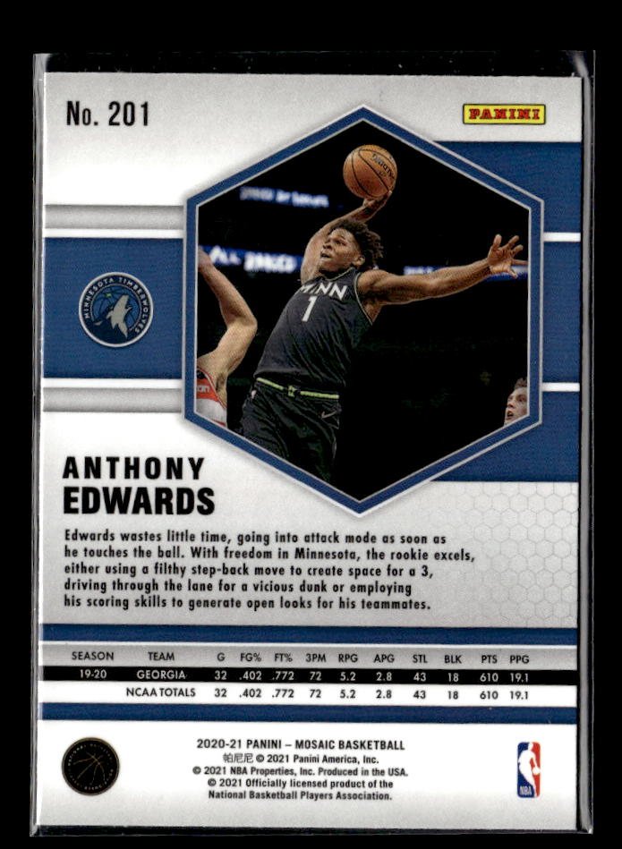 2020-21 Panini Mosaic Basketball Rookie Base #201 Anthony Edwards (2)