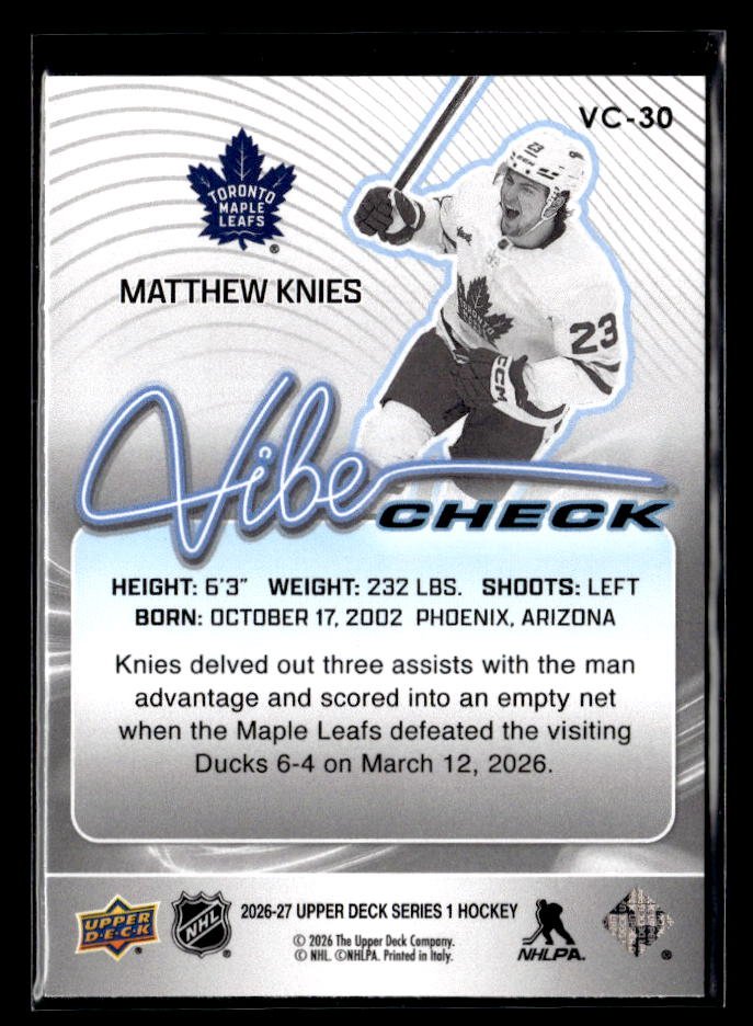 2026-27 Upper Deck Series 1 Hockey Vibe Check #VC-30 Matthew Knies (2)